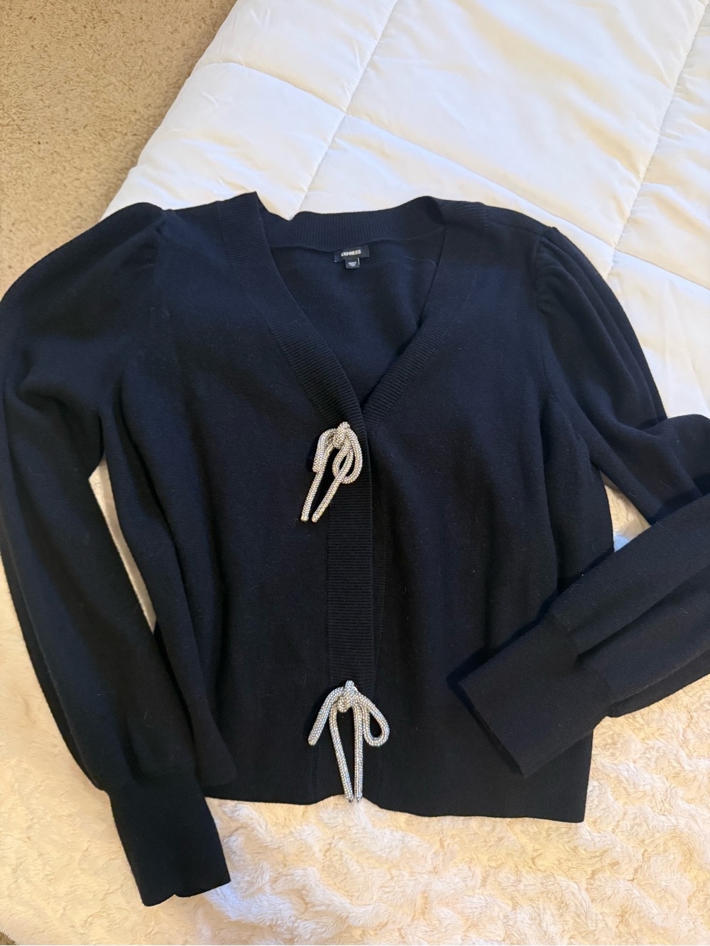 Express Black V-Neck Tie-Front Cardigan with Silver Rope Bows